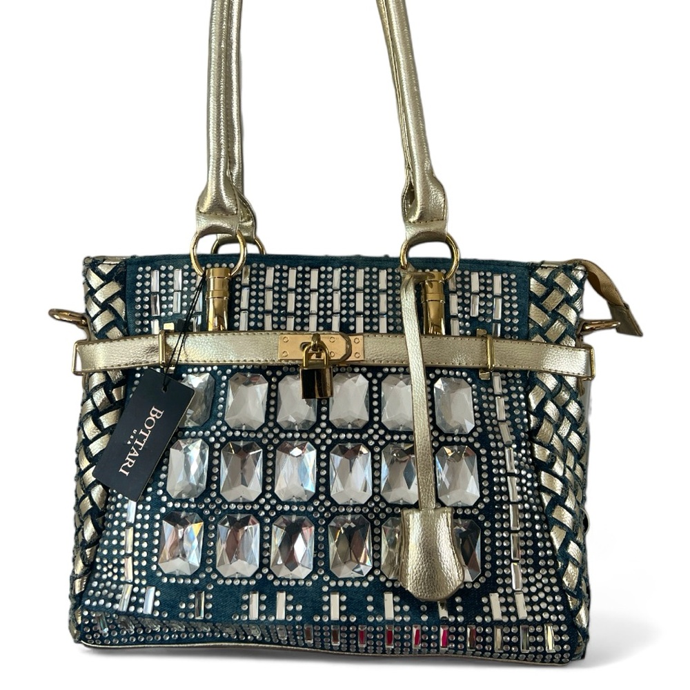 Bottari Blue Denim & Gold Vegan Leather Rhinestone Encrusted Bag Purse NEW